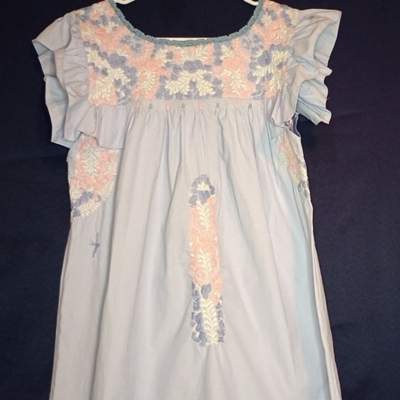 Mi Golondrina Kids Dress with Floral Embroidery - Light Blue and Peach - Picture 1 of 8
